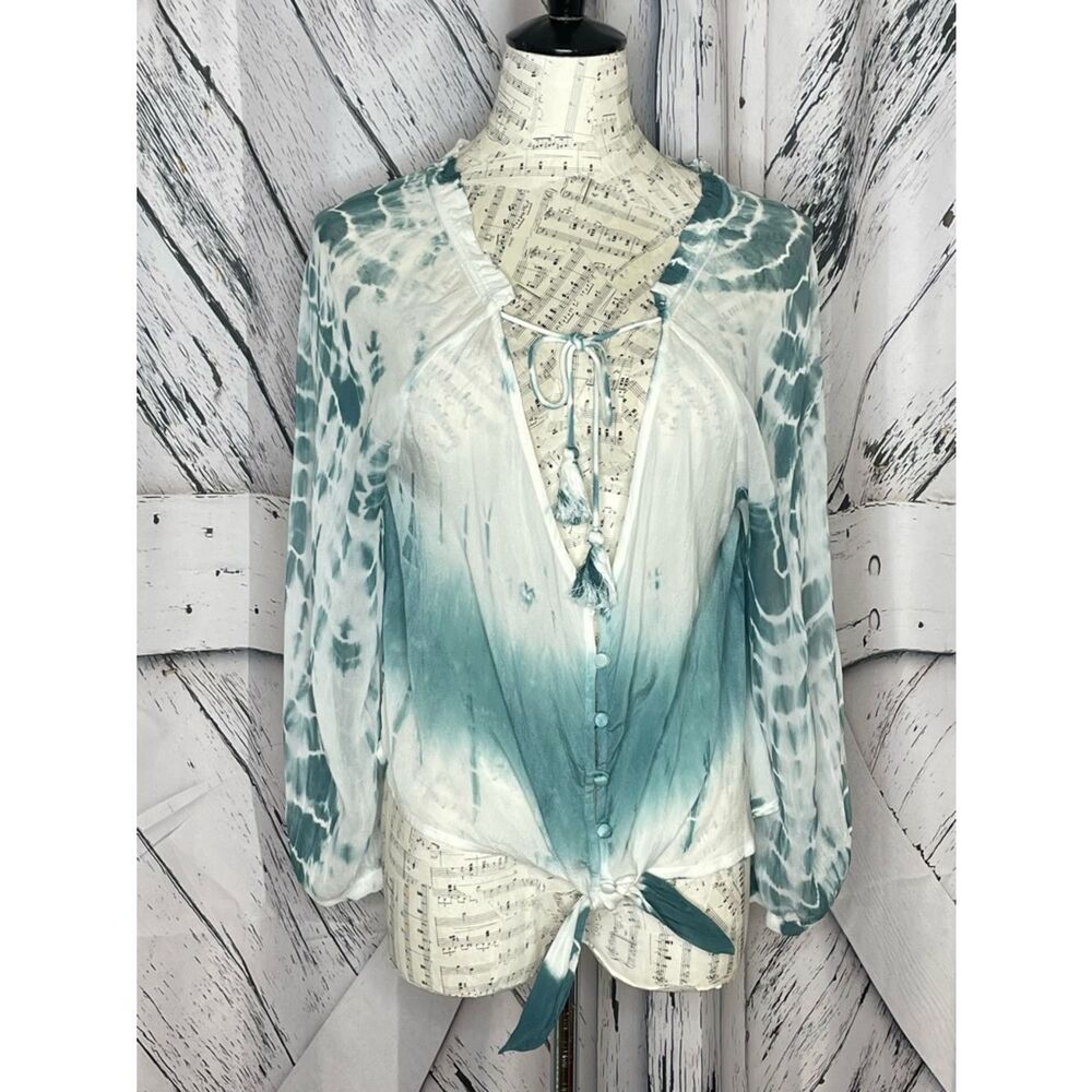 En Crėme Tie Dye Sheer Blouse Tassel Tie M